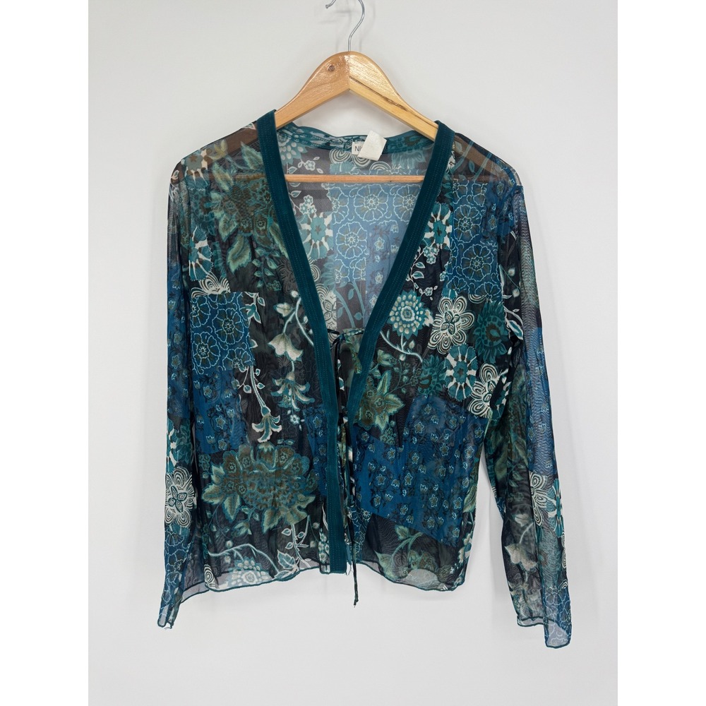 Nicola Cardigan Women L Floral Patchwork Velvet Trim Sheer Tie Fairy Whimsigoth